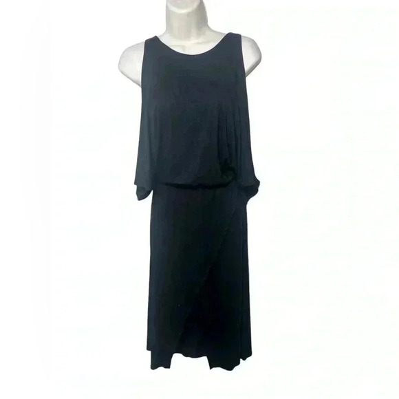 Splendid Black Cold Shoulder Midi Dress L | Wrap Waist Tie, Flowy Slits - Picture 4 of 11